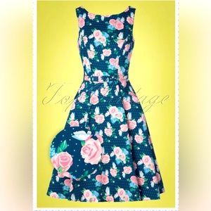 Collectif Clothing 50s Hepburn Marvelous Mrs Maisel Floral Swing Dress in Navy